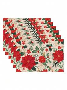 1pc Christmas Series Pattern Printed Table Runner, 4pcs Christmas Pattern Printed Placemats, Suitable For Holiday, Party, Birthday, Dinner, Kitchen Dining Table Decoration, All Season Room Decor, Home Textile Decoration Table Runner - Multicolor - View 11