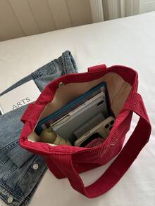女款燈芯絨素色單肩托特包，適合日常出行、旅行、購物與街頭逛街 - 紅色 - 查看 8