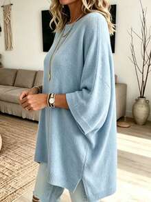 Plus Size Women's Light Blue Round Neck 3/4 Sleeve Knit Cover Up, Loose Drop Shoulder, Casual Commute Slimming Fitted Knit Sweater, Suitable For Autumn - Baby Blue - View 5