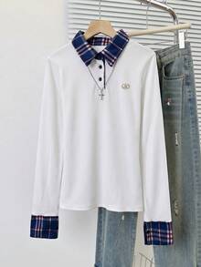 女款 Polo 領 2 合 1 格紋拼接長袖 T 恤修身顯瘦上衣 - 白色 - 查看 6