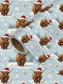 1 Roll Christmas Gift Wrapping Paper, Snowy Christmas Cow Pattern, Suitable For Christmas Gift Wrapping, Holiday Party Decoration, Home Holiday Decor, DIY Crafts, Holiday Gift Packaging, Size 43cm X 300cm - A - View 1