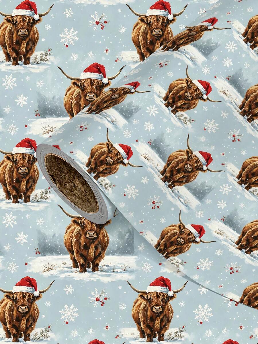 1 Roll Christmas Gift Wrapping Paper, Snowy Christmas Cow Pattern, Suitable For Christmas Gift Wrapping, Holiday Party Decoration, Home Holiday Decor, DIY Crafts, Holiday Gift Packaging, Size 43cm X 300cm - A - View 1