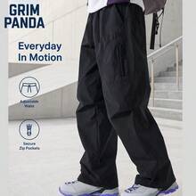 GRIM PANDA Women Parachute Cargo Pants Elastic Drawstring Waist Zipper Side Pockets Loose Straight Fit Casual Travel Daily Long Trousers Sports - Black - View 4
