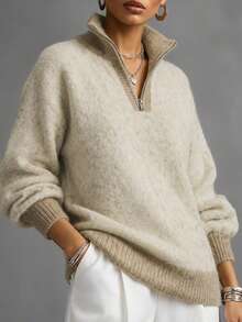 Plus Size Half Zip Collar Fluffy Knit Sweater, Long Sleeve Loose Slim‑Look Pullover Fall Winter Commute Casual Top - Camel - View 2