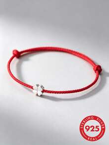 HuooNew 1pc Simple 925 Sterling Silver Clover Charm Red Cord Braided Bracelet, Adjustable, Suitable For Daily Wear - Red - View 1