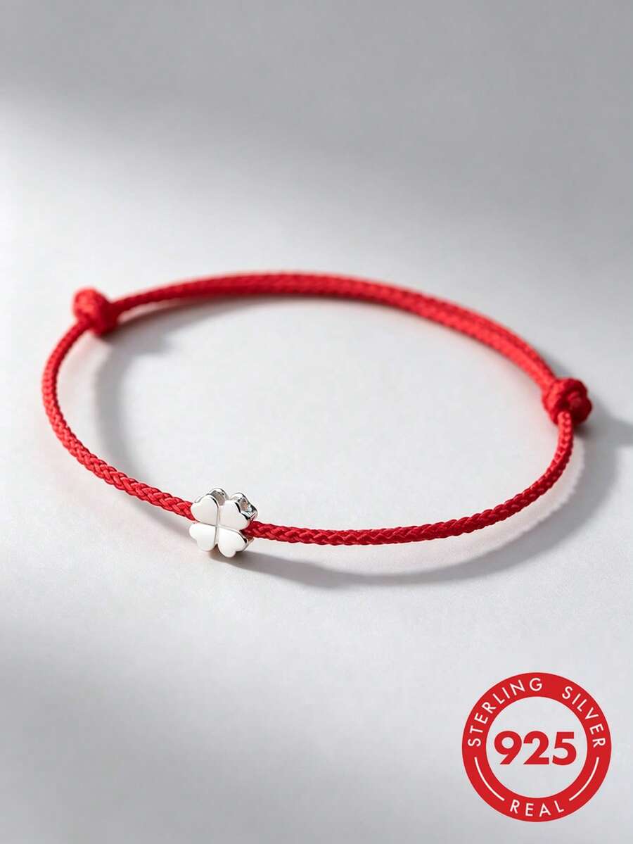 HuooNew 1pc Simple 925 Sterling Silver Clover Charm Red Cord Braided Bracelet, Adjustable, Suitable For Daily Wear - Red - View 1