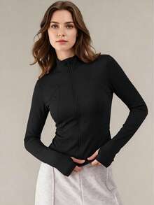 New Women's Solid Color Front Zipper Sports Jacket, Long Sleeve Minimalist Casual Lightweight Cardigan Jacket - Black - View 6