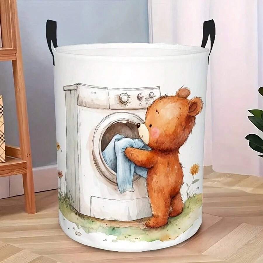 1pc Cartoon Bear Washing Machine Pattern Foldable Laundry Hamper With Handles, Large Capacity Storage Basket, Multifunctional Organizer Bin For Dirty Clothes & Sundries, Lovely Home Decor For Bedroom, Bathroom & Dormitory - Multicolor - View 1