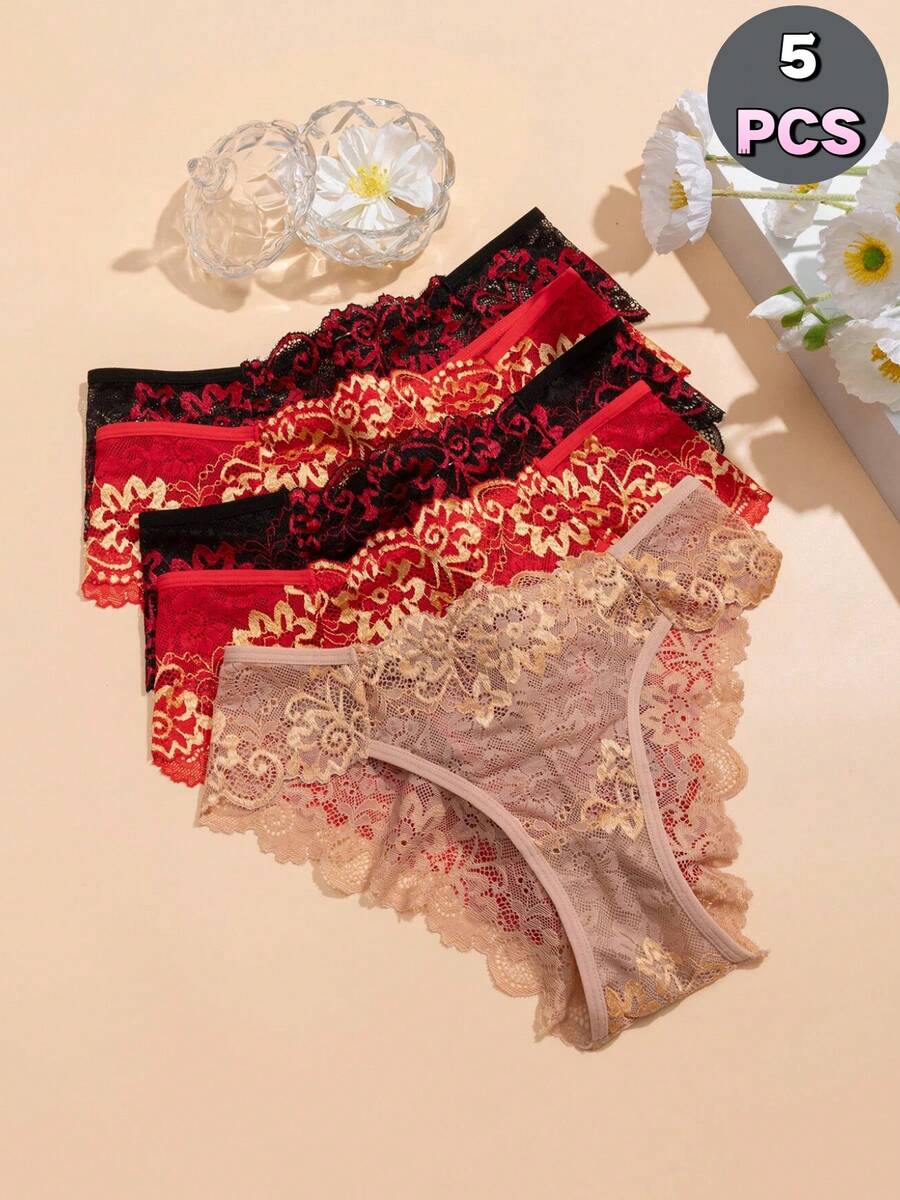 5件組女款無縫雙色蕾絲拼接性感內褲,彈性透氣舒適親膚三角內褲 - 彩色 - 查看 1