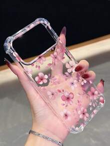 1pc Pink Floral Print Phone Case | Four-Corner Anti-Drop Protective Shell - Compatible With IPhone 17 Pro, 16e, 16 Pro, 15 Pro, 14, 13, 12, 11,  Compatible ; Compatible  Refreshing Summer Accessory, Perfect As A Gift For Friends Or Yourself. - Multicolor - View 5