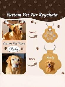 1pc Customized Pet Photo Name Leather Keychain Personalized Paw Print Pet Hair Memorial Keepsake Storage Ring Dog Cat Lover Gift Pendant - Multicolor - View 10