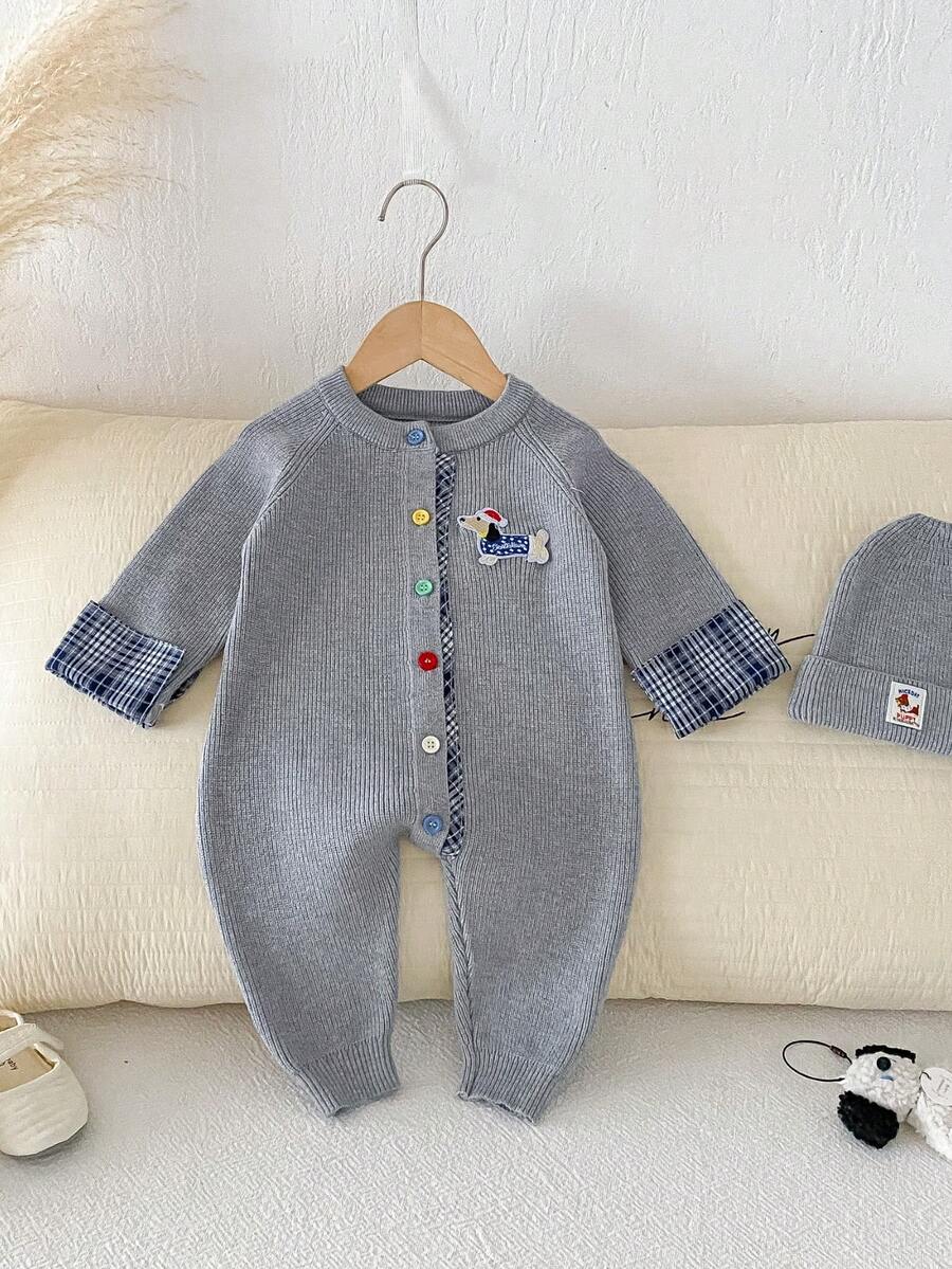 Baby Girl INS Minimalist Gray Knit Plaid 2 In 1 Contrast Button Puppy Patch Long Sleeve Jumpsuit - Grey - View 1