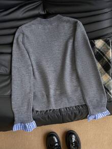 Autumn/Winter Korean Style 2 In 1 Plaid Patchwork Knit Sweater Women's Design V-Neck Embroidered Loose Slouchy Colorblock Pullover - Grey - View 7