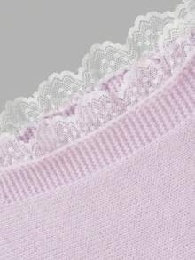 Women Autumn Light Purple Off‑Shoulder Knit Sweater Lace Trim Drop Shoulder Button Waist Pullover Back To School Festival Daily Tops - Mauve Purple - View 6