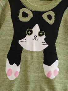 Tween Girls Cute Cat Pattern Round Neck Long Sleeve Knit Pullover Sweater, Suitable For Casual Daily Wear And Vacation, Spring, Autumn, Winter - Green - View 4