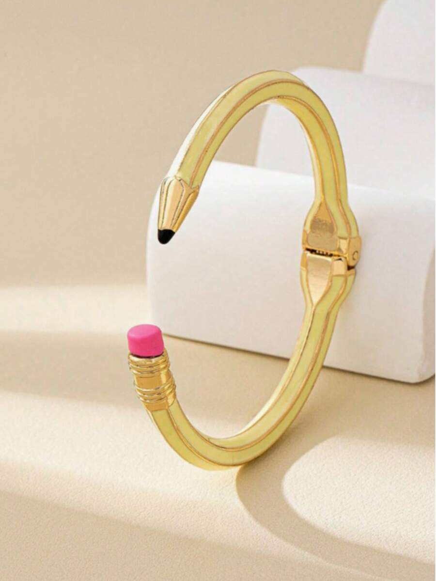 1pc Fashionable Zinc Alloy 3D Pencil Shaped Expandable Bangle Bracelet, Suitable As Back To School, Holiday, Teacher, Student, Couple Gift - Yellow - View 1