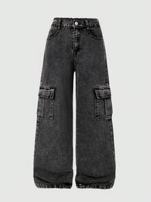 Girls Casual Loose Denim Long Pants, Straight Leg Cargo Pants With Flap Pockets And Contrast Stitching Details, Suitable For Spring/Summer Y2K Vintage Street Style Retro Washed 2000s Denim Cargo Pants - Black - View 2