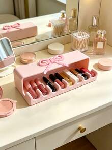 Desk Organizer Bowknot Desktop Storage Box, Light-Shielding Pen Holder | Anti-Drip, Stationery Organizer, Cosmetic Compartment Storage Rack, Desk Organizer Box, Suitable For Students, Girls, Office Workers, Perfect For Back To School, Birthday Gifts, Store Pens, Lipsticks, Small Items, Dorm, Bedroom, Office Desk, Multi-Color Sweet Style Plastic Compartment Storage Box - Multicolor - View 2
