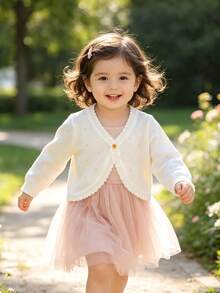 1pc Baby Girl Single Button Knit Cardigan, Lace Trim Short Bolero, Spring/Autumn Lightweight Outerwear, Versatile To Match Princess Dress, Sweet Fashionable Style - White - View 1