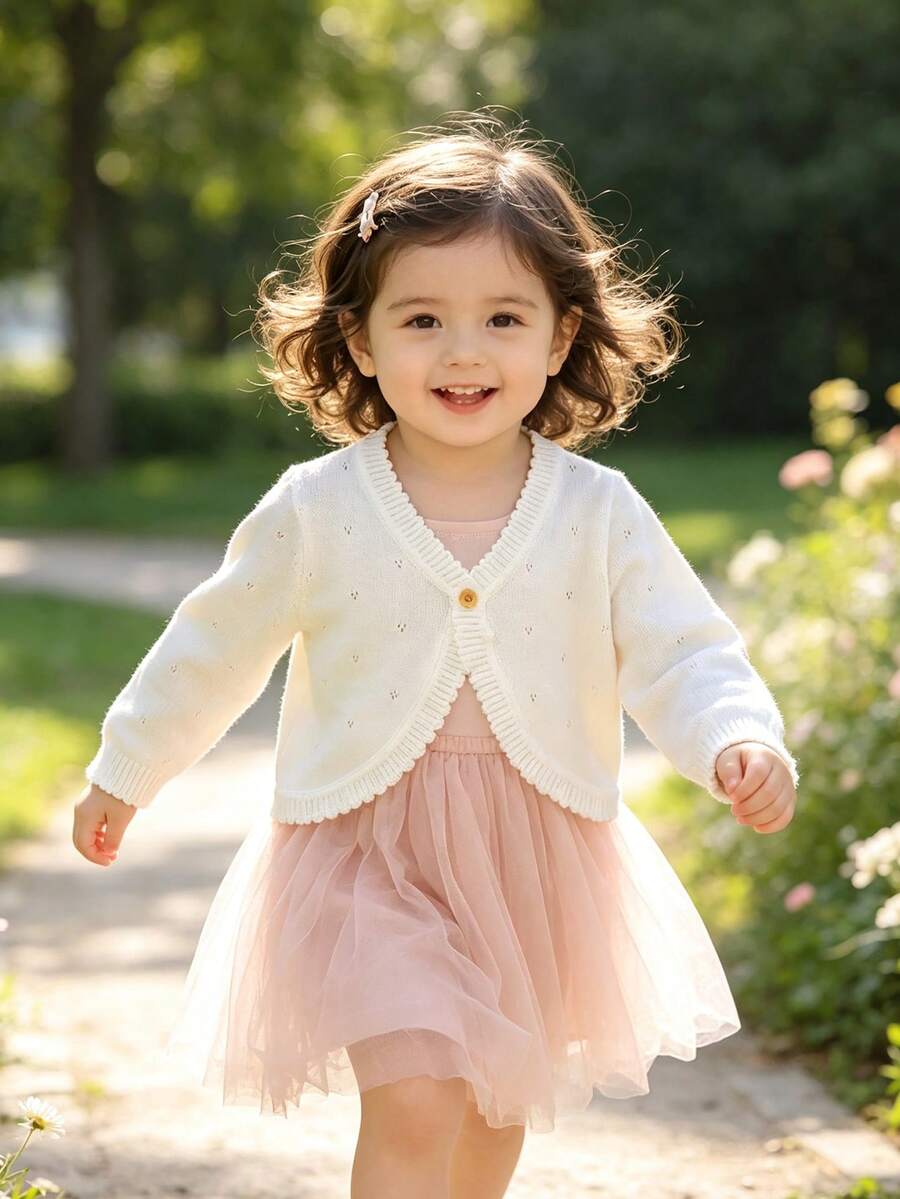 1pc Baby Girl Single Button Knit Cardigan, Lace Trim Short Bolero, Spring/Autumn Lightweight Outerwear, Versatile To Match Princess Dress, Sweet Fashionable Style - White - View 1