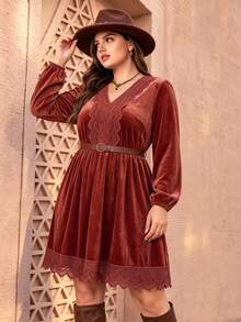 Bohemian Solid Color Velvet Casual Fashion Women's Dress, Autumn/Winter - Red - View 3