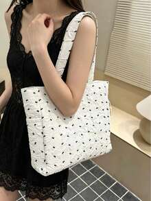 Bolso Tote de Tela de Gran Capacidad para Mujer, Bolso de Hombro con Forma de Barril de Algodón Grueso Estampado, Adecuado para Compras, Viajes, Campus y Reuniones - Blanco - Ver 4