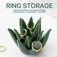Creative Aloe Vera Shaped Ceramic Ring Holder, Succulent Jewelry Display Tray, Vanity Tabletop Decor Ornament - Green - View 1