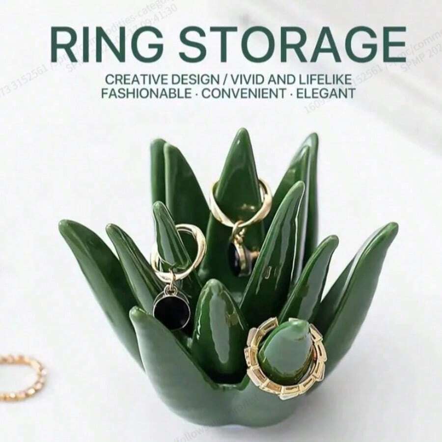 Creative Aloe Vera Shaped Ceramic Ring Holder, Succulent Jewelry Display Tray, Vanity Tabletop Decor Ornament - Green - View 1