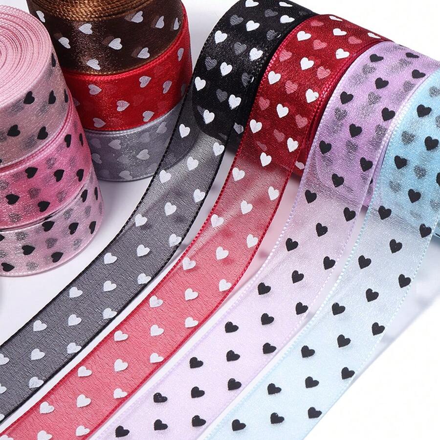 10 Yards/Cuộn ruy băng lưới tulle polyester 2.5cm in hình trái tim, vân lưới chiffon, phụ kiện tóc quần áo DIY, vật liệu đóng gói hộp quà bó hoa, ruy băng trang trí tiệc sinh nhật Giáng sinh đám cưới Năm mới
