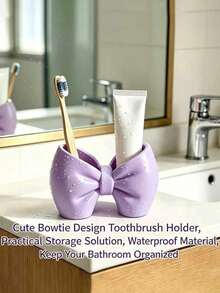 Mini Cream Bow Creative Fun Toothbrush Holder, Toothbrush Cup, Desktop Storage Rack, Can Hold Toothbrush, Toothpaste, Flower Pot, Vase, Vanity Decor, Bathroom Supplies. Cozy Home Bathroom Decor Autumn Decor Back To School Season - Multicolor - View 5