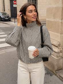 Women's Plaid Aviator Jacket, Spring Short Jacket, Autumn Plaid Zipper Lightweight Jacket, Long Sleeve Contrast Color Casual Airport Style Jacket - Black and White - View 4