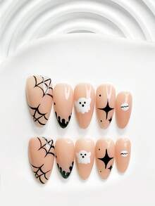 10pcs Halloween Theme Minimalist Handmade Press-On Nails Poly Gel Manicure Set, Spider Web, Ghost, Starburst Patterns, Black & White Nails, Unique Style, Includes Manicure Tools, 3 Sizes Available, Square, Short Square, Almond Shape, Suitable For Party, Dance, Daily Wear - Multicolor - View 14