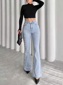 Celana Jeans Wanita Model Flare Pinggang Tinggi Warna Biru Muda dengan Hiasan Berlian Imitasi di Samping, Potongan Ramping, Menaikkan Tinggi Badan, Berkilau, Berhiaskan Berlian Imitasi, Elastis, Ketat, Panjang Hingga Lantai - Biru - View 2