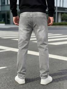 男士秋冬戶外休閒直筒破洞灰色牛仔褲 - 灰色 - 查看 2