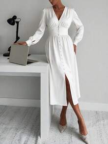Vestido elegante para mujer con cuello en V, mangas largas abullonadas, cintura alta ceñida con decoración de botones, bajo tipo paraguas, vestido midi de estilo suave para ir al trabajo y citas - Beis - Ver 7