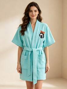 1 chiếc áo choàng tắm nỉ nhẹ cho nữ và bé gái, áo choàng spa kiểu kimono ngắn, nhanh khô, mềm mại và thấm hút tốt sau khi tắm - Áo choàng tắm tay ngắn vải nhung ngô họa tiết mèo cà phê - Xem 14