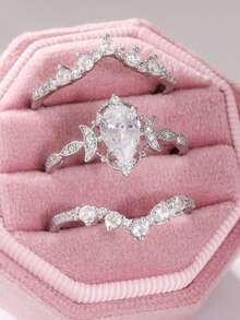 3pcs Set Exquisite Luxury Sparkling Teardrop Shaped Women's Rings, Suitable For Various Occasions, Ideal Holiday Gift - Silver - View 7