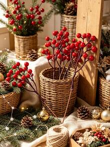 5PCS Multi‑Heads Artificial Red Holly Berry Stems, Glossy Faux Red Berry Picks, Christmas Tree Wreath Vase Arrangement DIY Stems, Winter Xmas Holiday Home Table Decor - Red - View 1