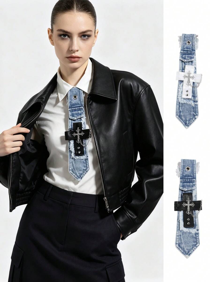 1pc Y2K Hot Girl Snowflake Wash Denim Tie With Rhinestone Cross, Frayed Edge Chain Halter Neck Personalized Shirt Accessory - Multicolor - View 1
