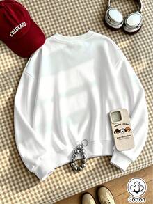 Women's Loose Fit Crew Neck Sweatshirt With Rose Print & Gothic Lettering, Breathable Street Style Pullover For Spring Autumn Daily Wear - White - View 6