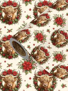 1 Roll Of Christmas Gift Wrapping Paper Featuring A Highland Cow Pattern With Santa Hats; Perfect For Christmas Gift Wrapping,Holiday Party Decor,Home Festive Decoration,DIY Craft,Festive Favour Wrapping Dimensions: 43 Cm X 300 Cm. - A - View 1