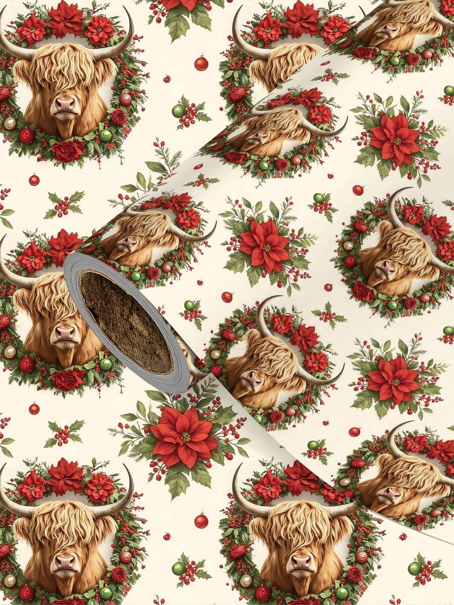 1 Roll Of Christmas Gift Wrapping Paper Featuring A Highland Cow Pattern With Santa Hats; Perfect For Christmas Gift Wrapping,Holiday Party Decor,Home Festive Decoration,DIY Craft,Festive Favour Wrapping Dimensions: 43 Cm X 300 Cm. - A - View 1