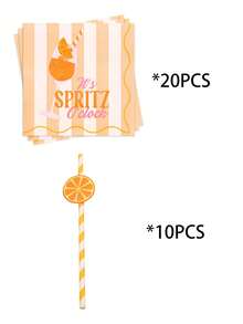 20/40pcs Orange White Striped Spritz Cocktail Napkins With Straws Set, Summer Pool Party Bachelorette Bridal Shower Garden Brunch Tableware, Paper Party Napkins, Gift For Party Hosts - Multicolor - View 9