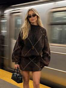 Elegant Diamond Pattern Mock Neck Long Sleeve Sweater Mini Skirt Two Pieces Outfit Casual Loose Fall Matching Set - Brown - View 3