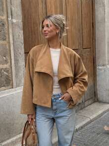 Chaqueta casual de otoño color camello, holgada y oversize, con solapa de muesca, hombros caídos y frente abierto - Camel - Ver 10