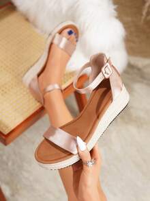 Women's Wedge Platform Sandals, Thick Sole Sandals, Straw Rope, Suitable For All Seasons, Vacation, Party, Casual, Beach - Gold - View 3