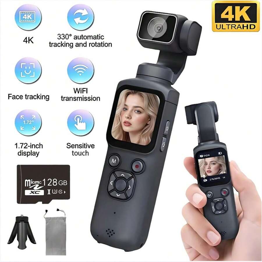 Cámara de Acción Portátil de Mano 4K HD con Estabilizador Gimbal Inteligente, Enfoque Automático Rápido y Seguimiento, Compatible con Trípode, Adecuada para Grabación de Video, Fotografía con Dron, Uso Doméstico, Grabación de Viajes, Transmisión en Vivo, Seguimiento de Rostro/Objeto y Grabación en Tarjeta SD - Ver 1