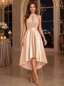 MIUSOL Halter Neck Sequin Floral Lace Patchwork Satin High-Low Hem Evening Gown, Formal Evening Dress, Ball Gown - Champagne - View 4