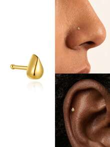 1Pc 925 Sterling Silver Classic Water Droplet Nose Stud Hypoallergenic Nostril Body Piercing Jewelry Nose Rings For Women Men Daily Wear & Gifts - Gold - View 4