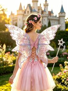 Shiny Butterfly Fairy Wings Costume Set, With Flower Crown, Elf Ears And Magic Wand. Suitable For Halloween Role-Playing And Party Events. - Multicolor - View 1
